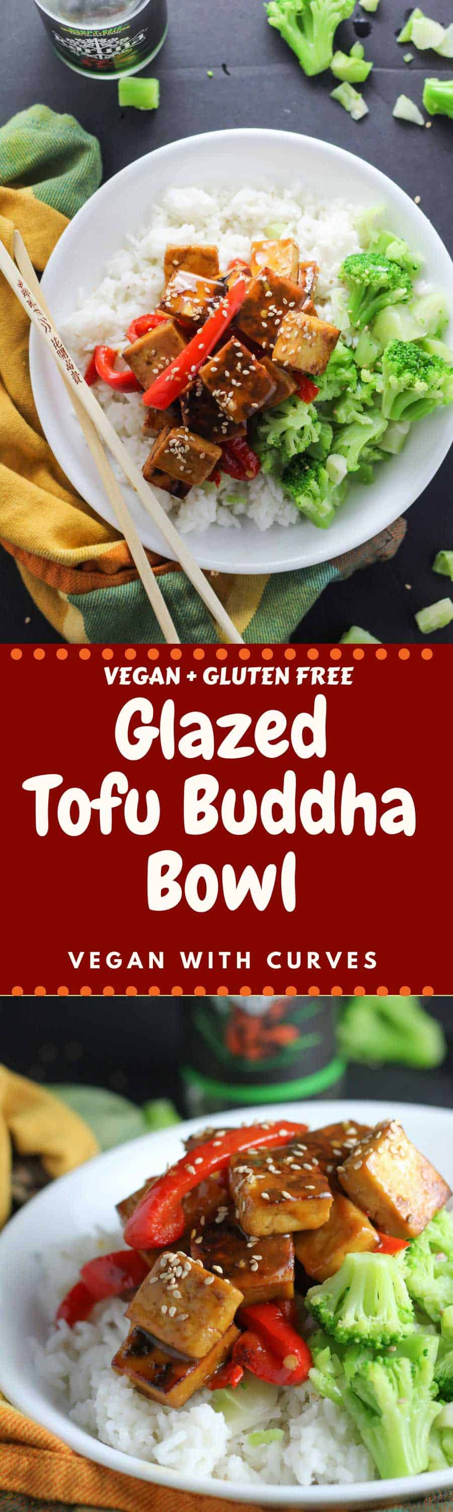 This Buddha bowl contains glazed tofu, white rice, and broccoli. Both gluten free and vegan! A healthy filling meal after an intense yoga or workout session.