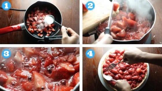 step by step photos of strawberry vegan cheesecake strawberry topping ingredients 