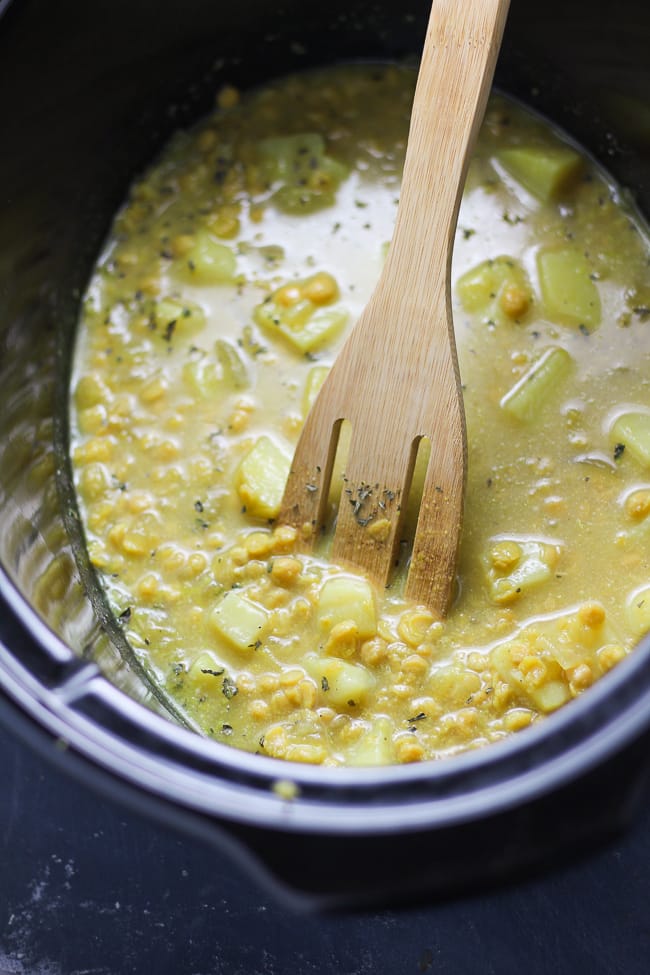 crock pot split pea soup in a slow cooker