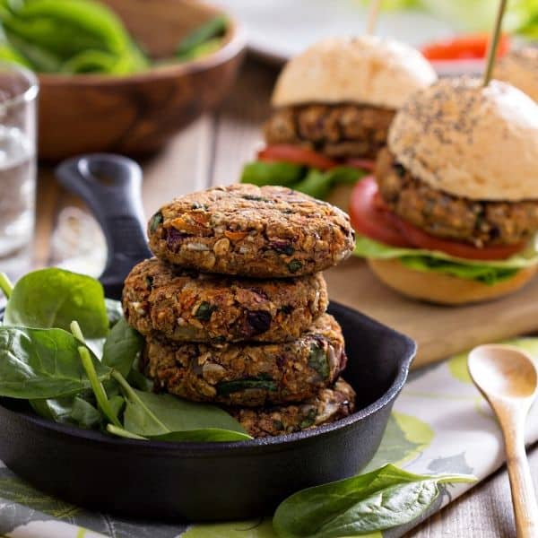 bean burgers stack on top of each other to reference vegan protein