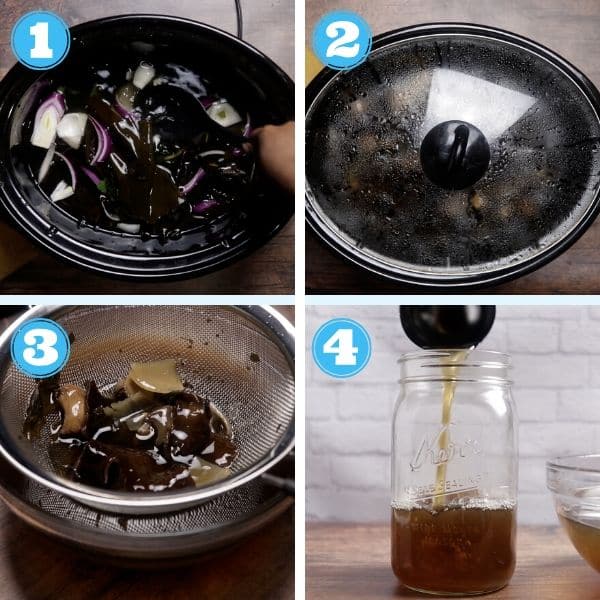 4 grid step by step photo of making broth in a slow cooker