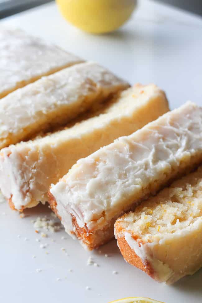 a close up picture of vegan lemon cake slices