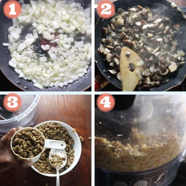 step by step 4 grid photo of sauteing onions, mushrooms, and processing cook lentils