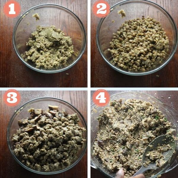 step by step 4 grid photo of add lentils, crumbles and seasonings into a mixing bowl