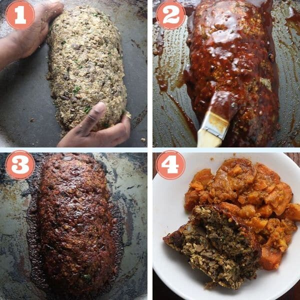 step by step 4 grid photo of forming the lentil loaf, brushing it with bbq sauce and baking it