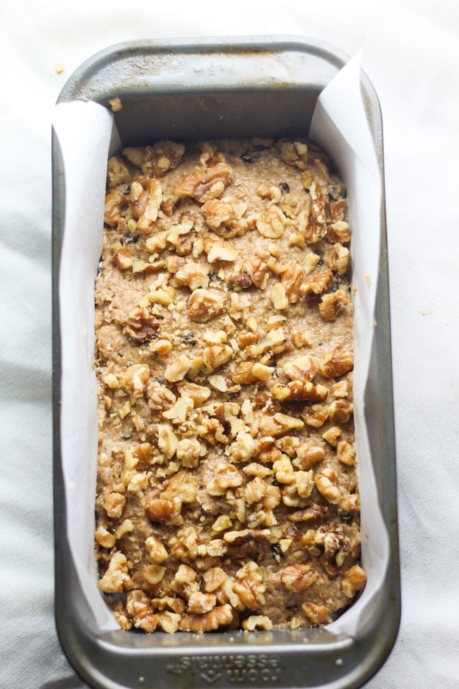 unbaked banana bread in a loaf pan