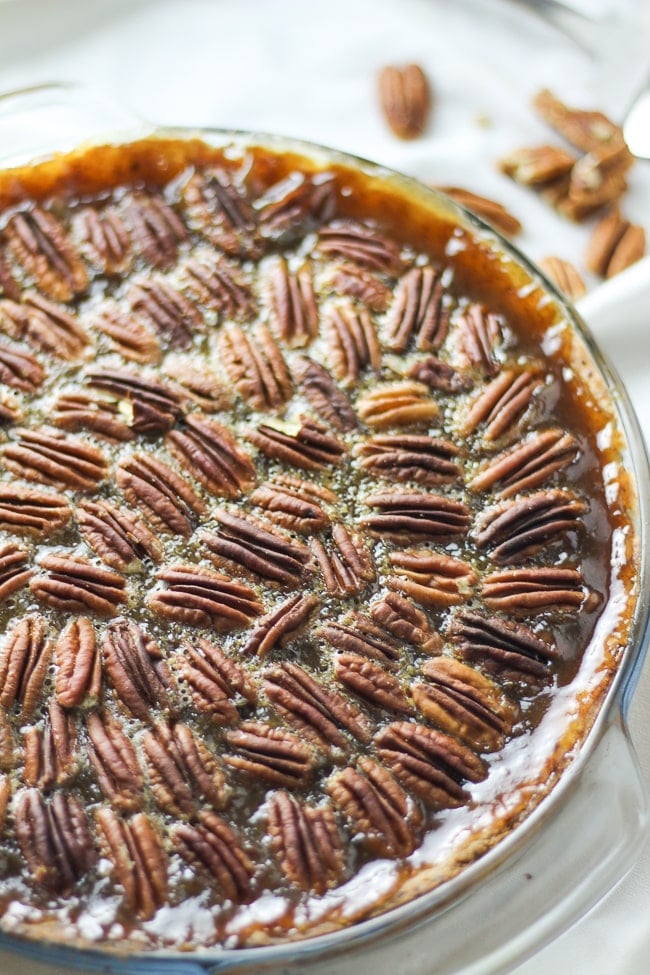 top angle of sweet potato pecan pie in a baking dish
