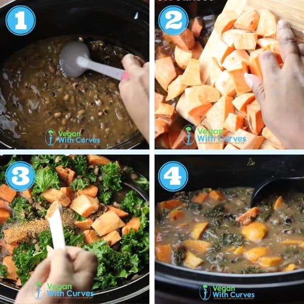 step by step grid photo of  stirring cooked black eyed peas, adding kale, sweet potatoes,and more seasoning