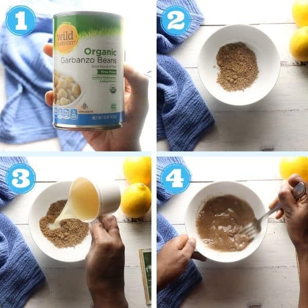 a four pictured step by step photo of making a flaxseed egg 