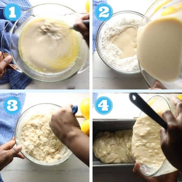 a four pictured step by step photo of  mixing wet ingredients with dry batter and pouring it into a caked pan