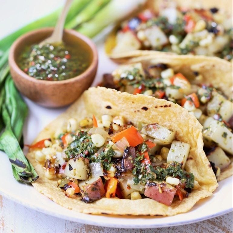 grilled veggie in soft taco shells with chimichurri sauce