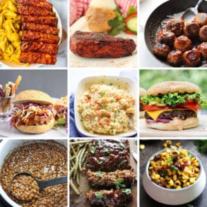9 grid photo of vegan bbq meatballs, tempeh ribs, burger, and BBQ sauce