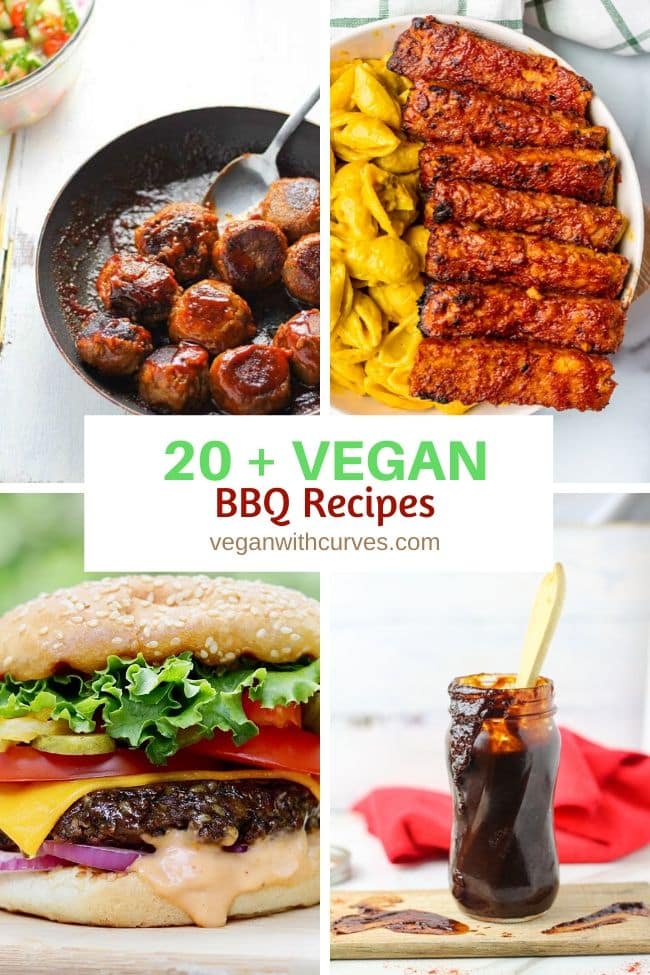 4 grid photo of vegan bbq meatballs, tempeh ribs, burger, and BBQ sauce