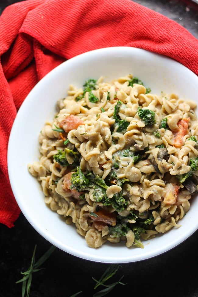 kamut pasta in a white bowl 