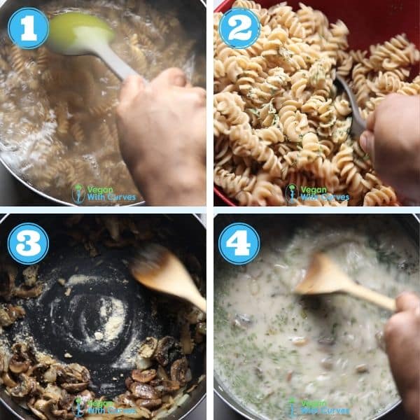 a 4 grid step by step photo of cooking pasta and making creamy sauce