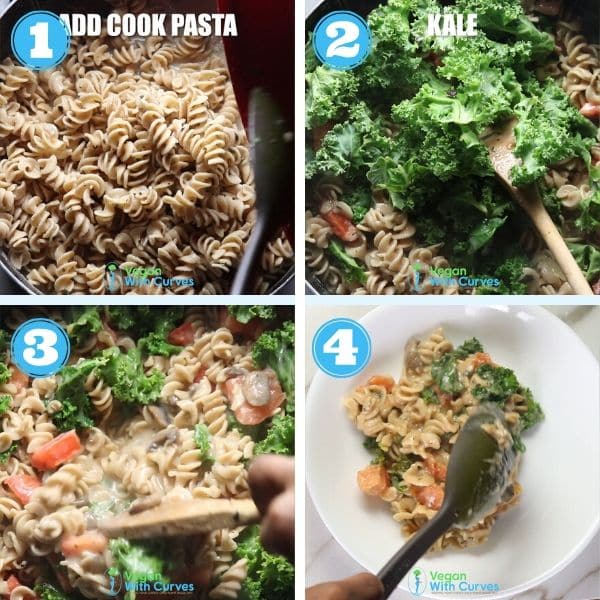 a 4 grid step by step photo of adding vegetable to pasta and serving it in a bowl