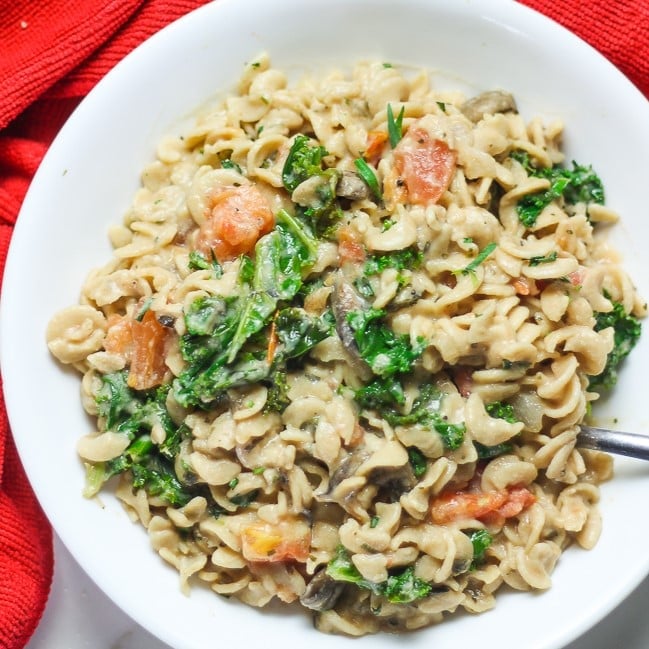 pasta in white bowl with fork