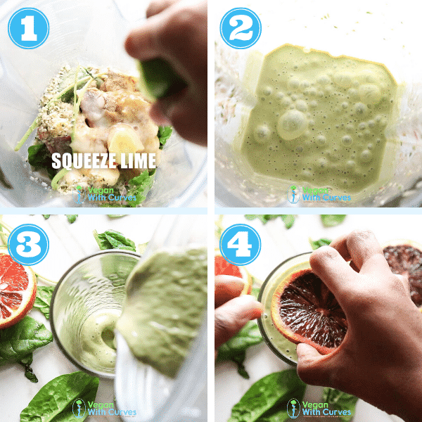 4 grid step by step photo of ingredients in blender being blended, poured into glass and garnish with blood orange slice