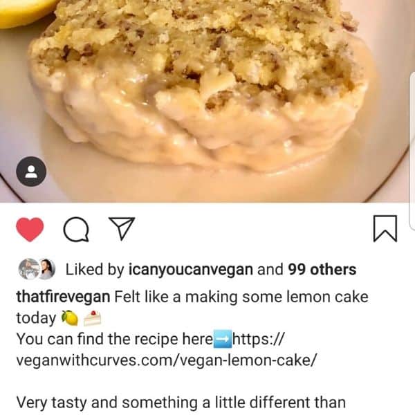 Instagram screenshot picture of a reader sharing a photo of this vegan lemon cake recipe