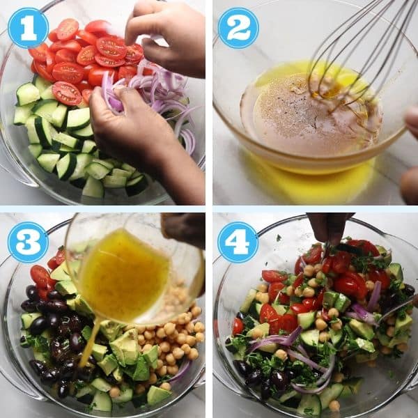 4 grid photo of making salad and salad dressing