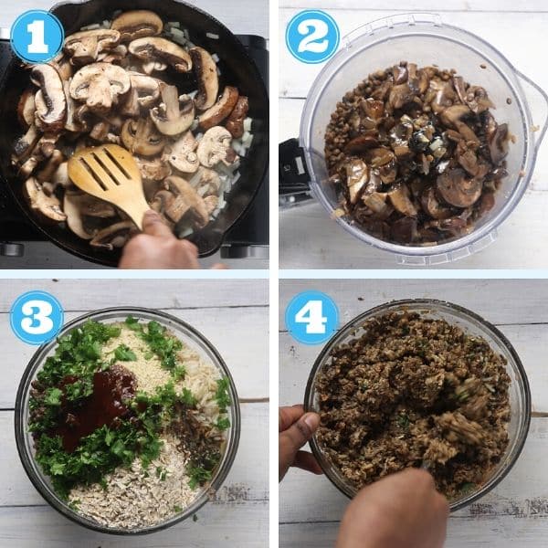 4 grid photo of cooking vegetables and mixing veggies, beans, and seasoning into a bowl