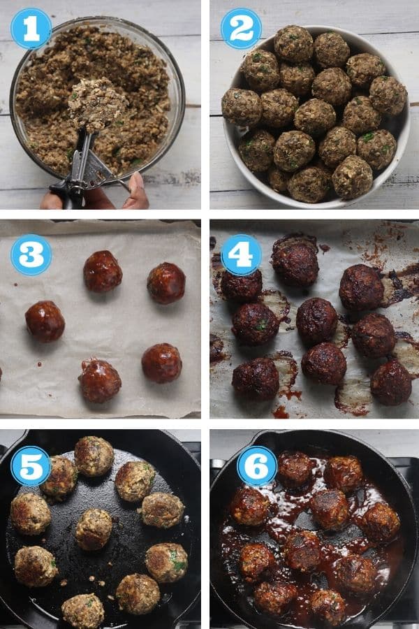 6 grid photo of baking and sauteing vegan meatballs