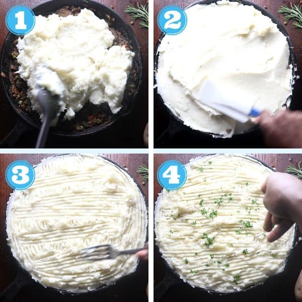 4 grid step by step photo of topping mashed potatoes over filling