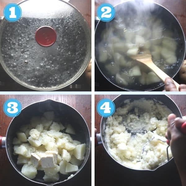 4 grid step by step photo of making vegan mashed potatoes for shepherd's pie