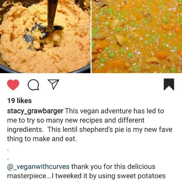screenshot of Instagram photo of lentil shepherd's pie using sweet potatoes