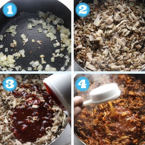 4 grid photo of onions being saute and oyster mushroom mixture in a pot with bbq sauce'