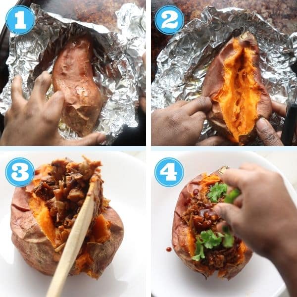 4 grid photo off filling being stuffed inside sweet baked potato