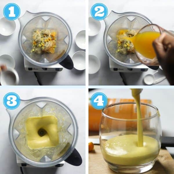 4 grid step by step photo of blending a smoothie
