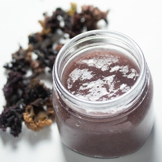 Irish Moss gel in a jar next to dried Chondrus Crispus