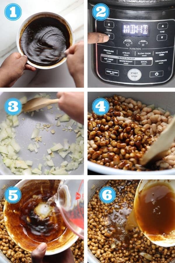 6 grid photo showing steps in making sauce and adding beans and sauce to the Ninja Foodi