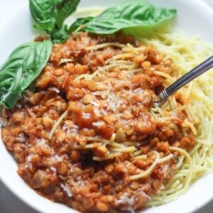 red lentil sauce on top of spaghetti