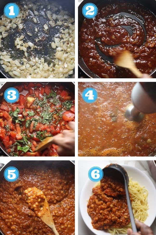 6 grid step by step photo of making red lentil spaghetti sauce