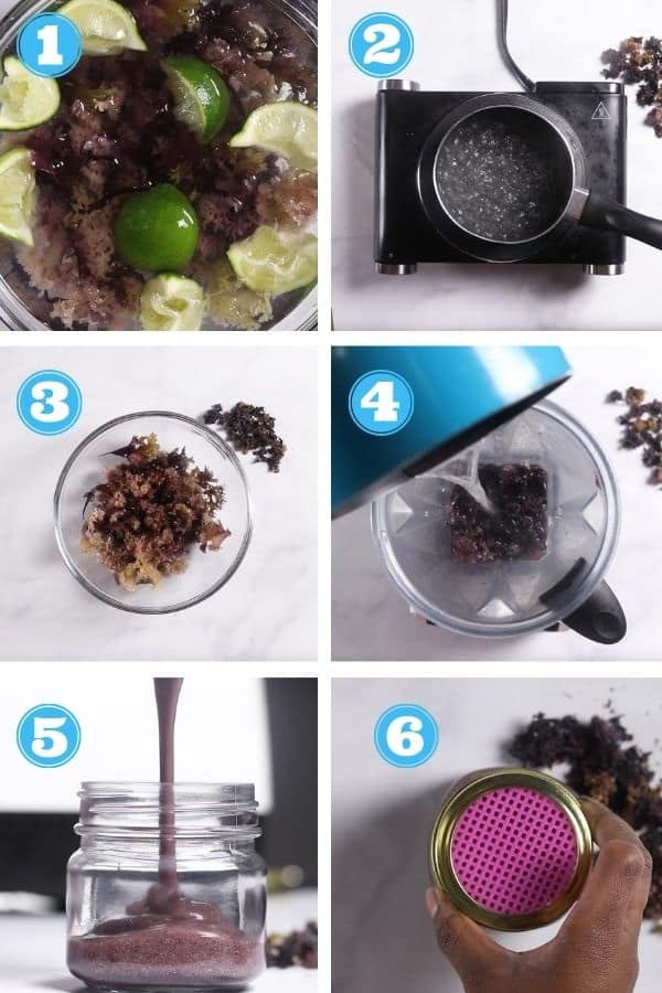 6 grid step by step photo of making sea moss gel