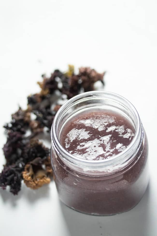 Irish Moss gel in a jar next to dried Chondrus Crispus