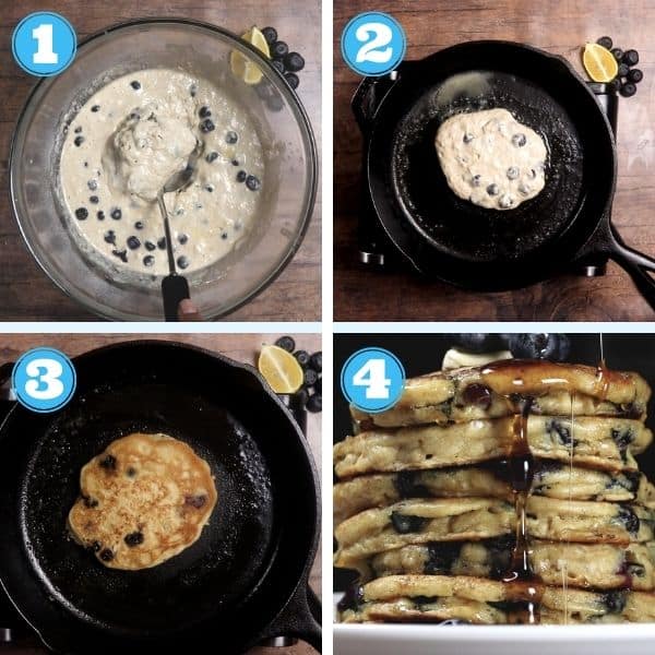 4 grid step by step photos of pancakes being cooked