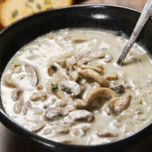 cream of mushroom soup in a black bowl with spoon in it