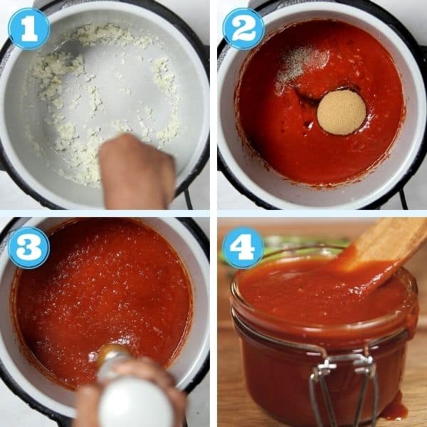 4 grid step by step photo of making bbq sauce