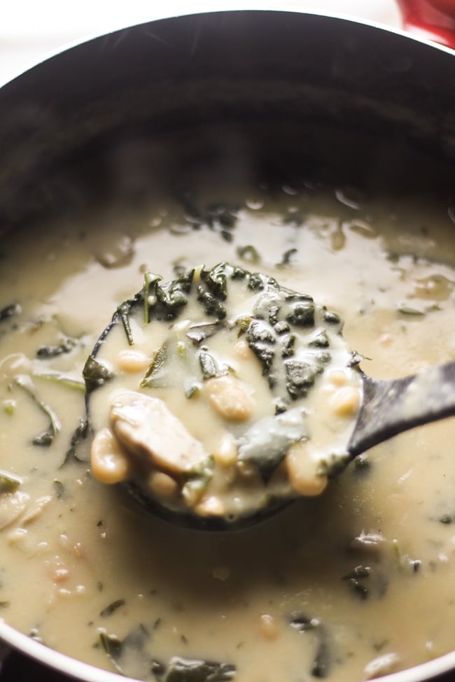 creamy white bean soup in a pot scooped up with a black ladle