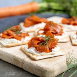 vegan smoked salmon made from carrots on top of crackers