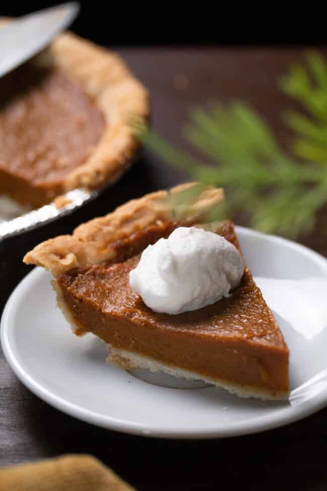 side angle view of pumpkin pie on a white plate with whip cream on top
