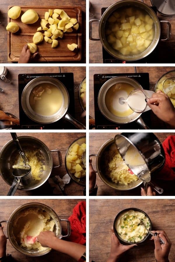 8 grid step by step photo of making mashed potatoes