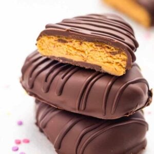 peanut butter egg cups stacked on top of each other