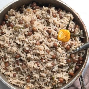 Jamaican Pigeon Peas and Rice in a skillet