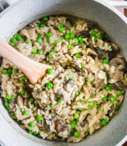 risotto with peas in a pot