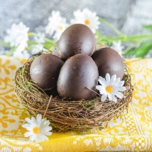 vegan chocolate eggs in a bird basket