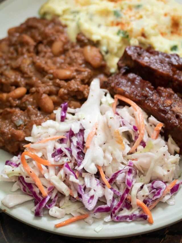 coleslaw on a plate with other vegan bbq recipes